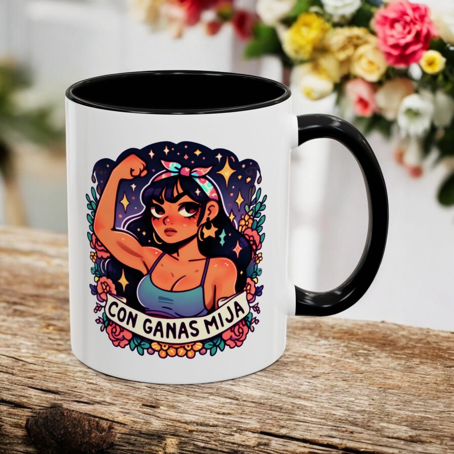 Cute Latina - Con Ganas Mija Empowerment - 11oz Ceramic Coffee - Funny Hispanic Saying Mug Spanish Gift for Mom and Sister - Taza para Cafe