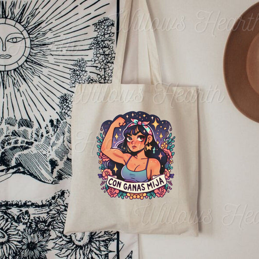 Con Ganas Mija Tote Bag - Cute Spanish Empowerment Design - Latina Owned - Cute Latinx tote bag for books - Perfect Holiday Gift