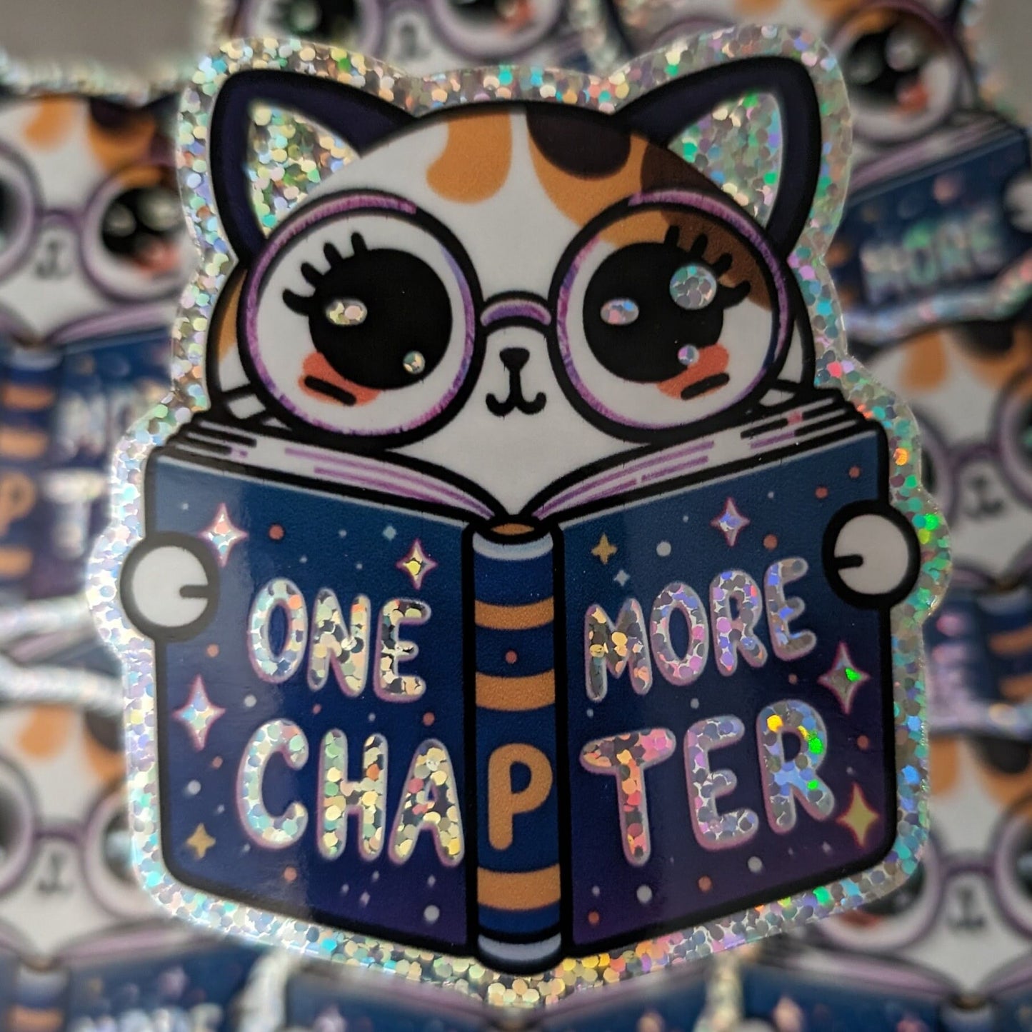 One More Chapter Holographic Glitter Waterproof Cat Sticker - Cute Cat Design - Book Sticker Premium Vinyl Decal - Gift - Calcomania