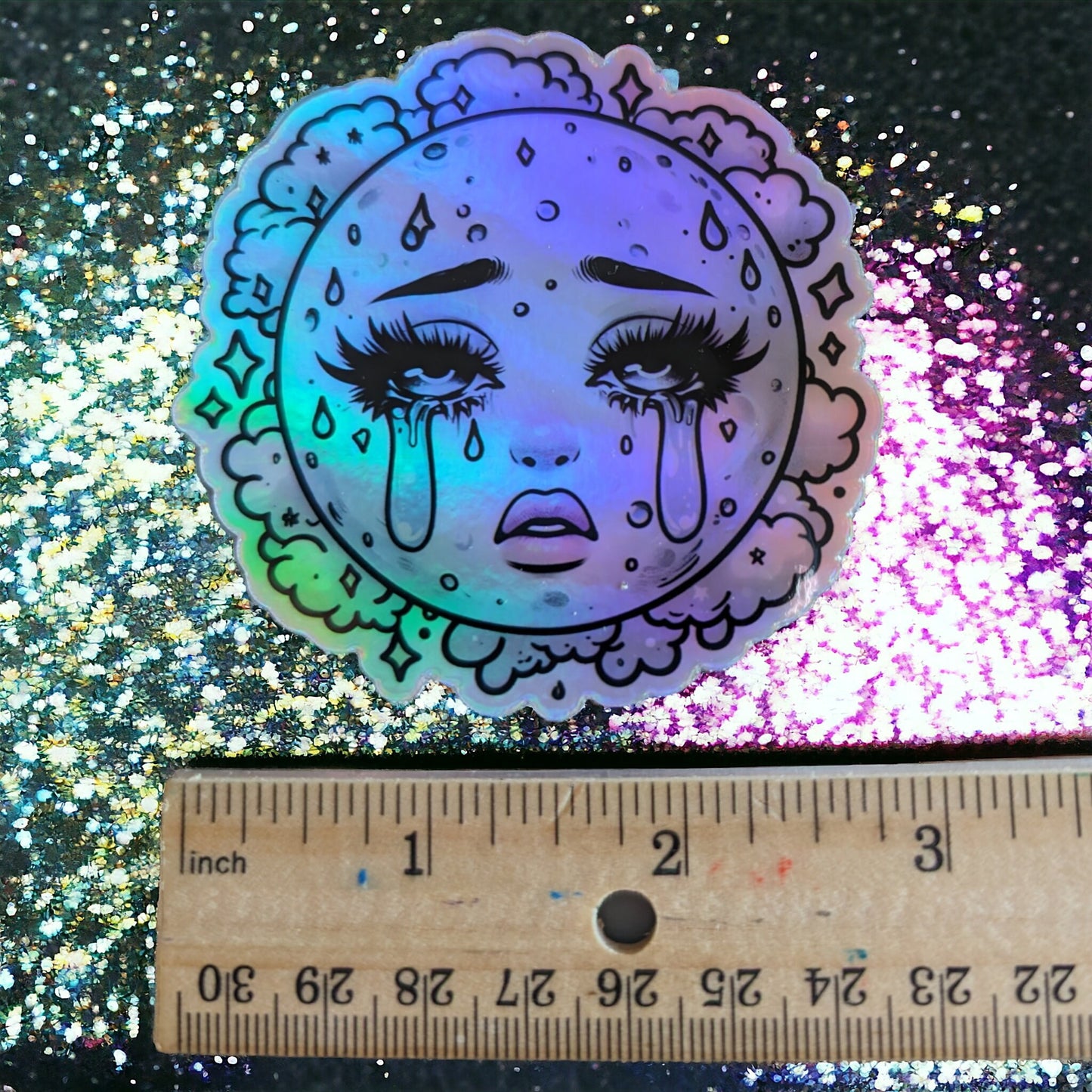 Holographic Crying Moon Sticker - Modern Girly Celestial Design - cute space Sticker for Water Bottle, tumbler Decal - Gift Calcomania