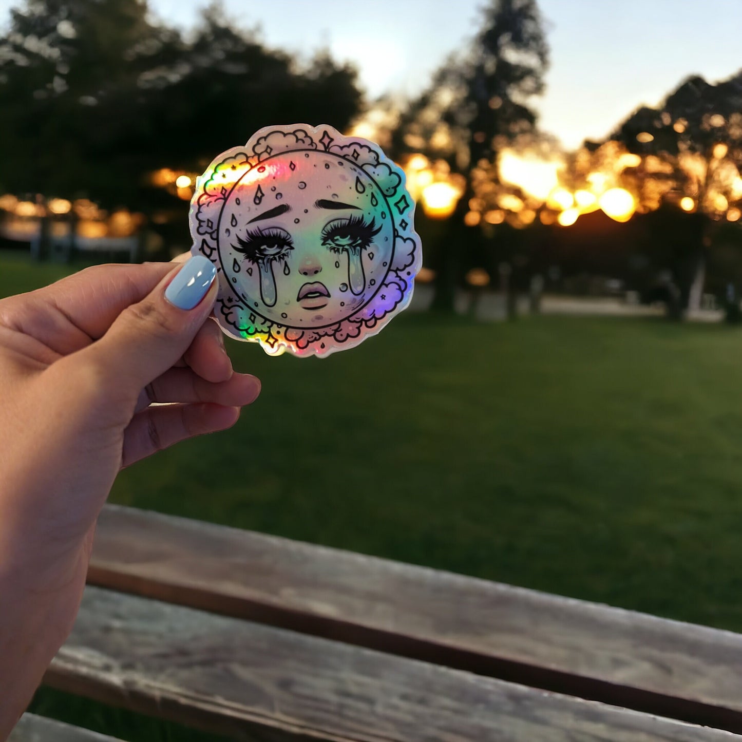 Holographic Crying Moon Sticker - Modern Girly Celestial Design - cute space Sticker for Water Bottle, tumbler Decal - Gift Calcomania