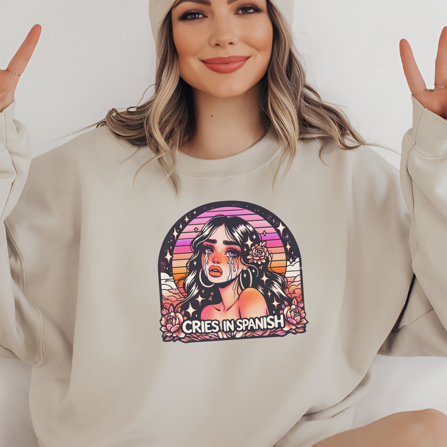 Cute Latina Sweatshirt - Cries In Spanish Latina Funny Sweatshirt - Unisex Crewneck - Sarcastic Hispanic Gift - Mexican Gift for Latina Wife