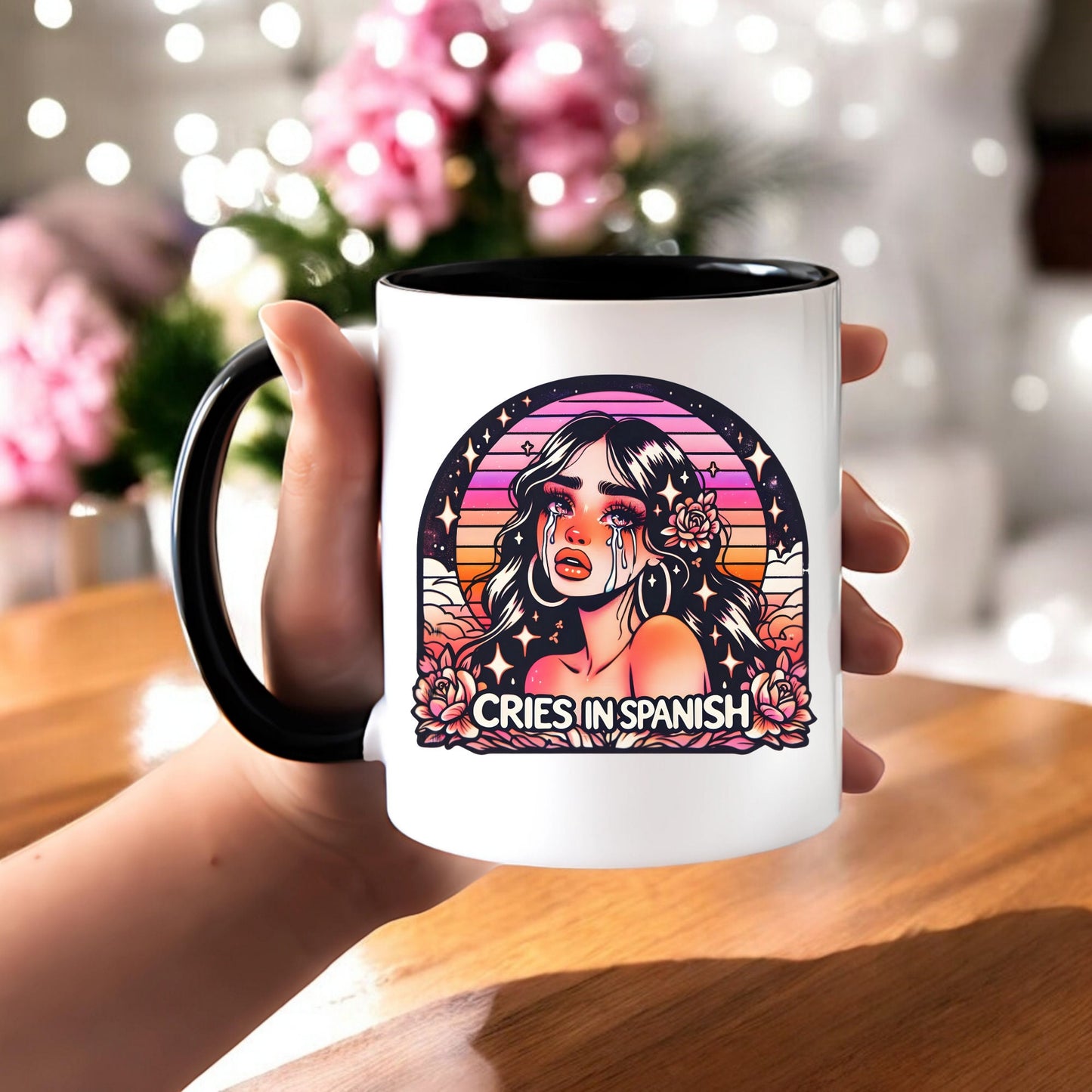 Funny Latina - Cries in Spanish Mug - 11oz Ceramic Coffee - Funny Hispanic Saying Mug Spanish Gift for Mom and Sister - Taza para Cafe