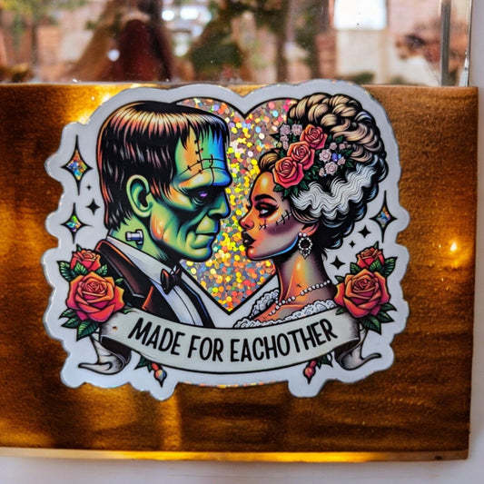 Halloween Romance Sticker - Glitter Vinyl  Waterproof Frankenstein and Bride Sticker, Spooky Aesthetic - Laptop, Water Bottle, calcomania