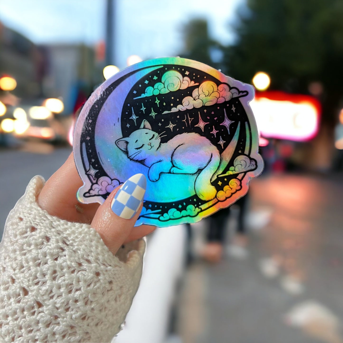 Cat Moon Holographic Glitter Waterproof Sleepy Cat Sticker - Cute Cat Design - Book Sticker - Celestial Halloween sticker for tumbler