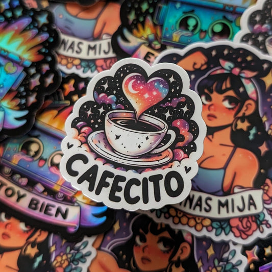 Cafecito Sticker - Cute Spanish Sticker, Waterproof and Weather resistant - Latina Cafecito y Chisme Design - Spanish gift