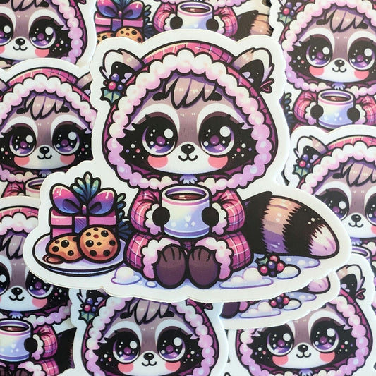 Cute Holiday Raccoon - Cozy Vibes Waterproof Sticker - Girly Christmas Stickers for Scrapbook Laptop Tumbler Water bottle - Calcomania