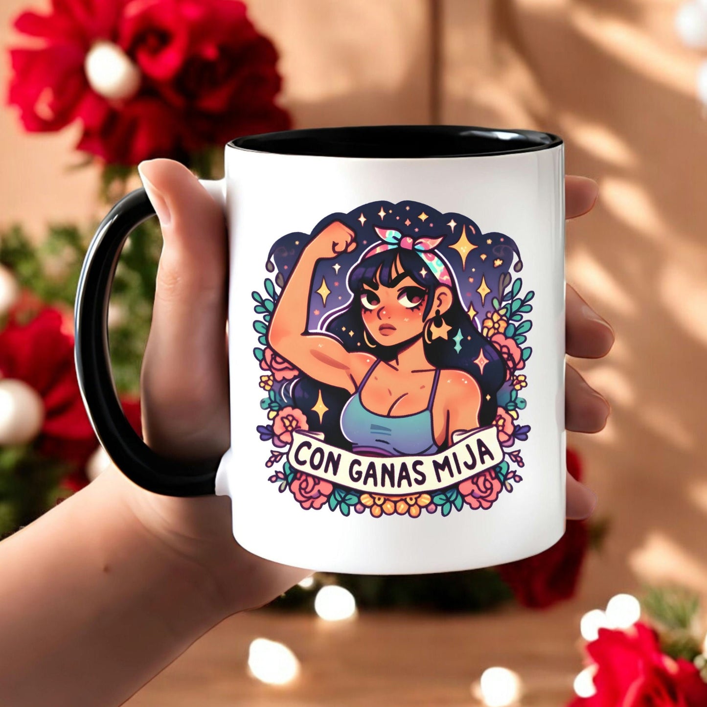 Cute Latina - Con Ganas Mija Empowerment - 11oz Ceramic Coffee - Funny Hispanic Saying Mug Spanish Gift for Mom and Sister - Taza para Cafe