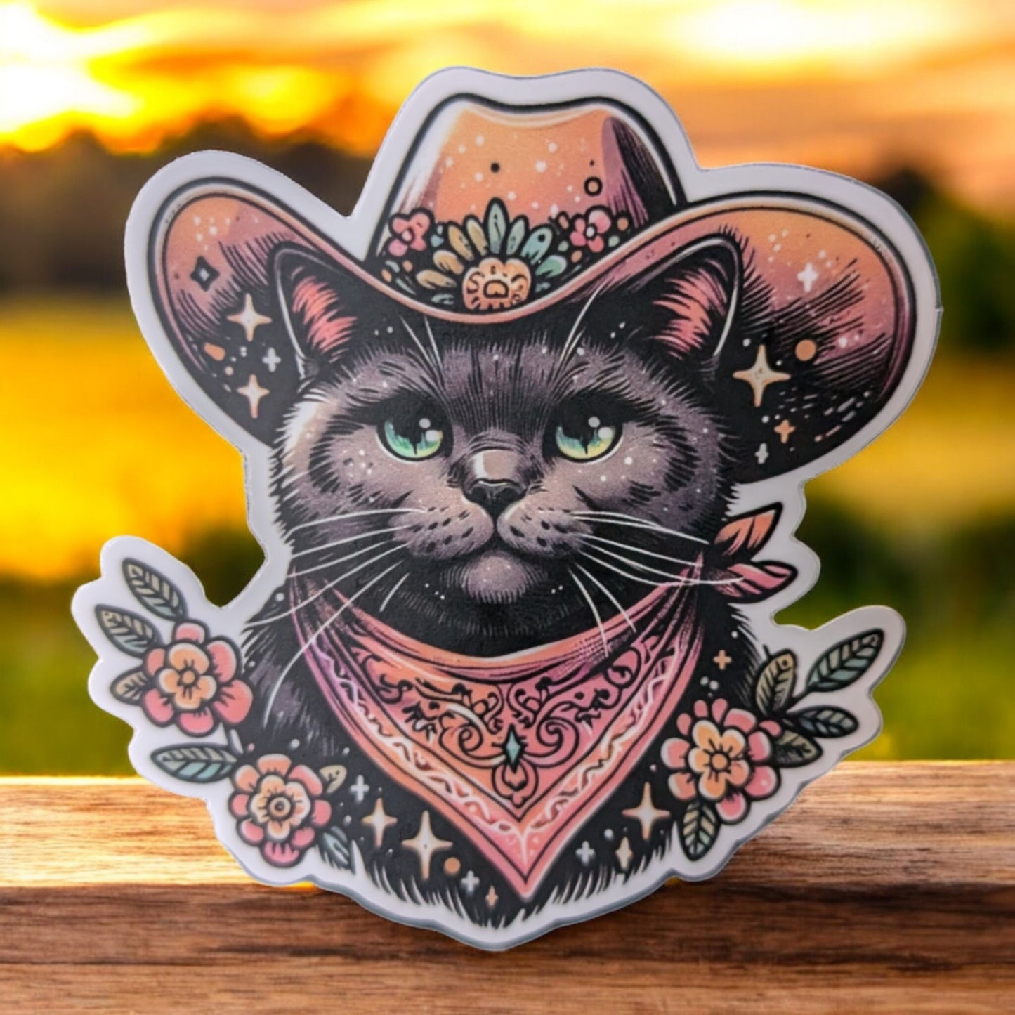 Cowboy Cat - Handsome Kitty Waterproof Western Cat Sticker - Cute Cat Design - Russian Blue Portrait Premium Vinyl Decal - Gift - Calcomania