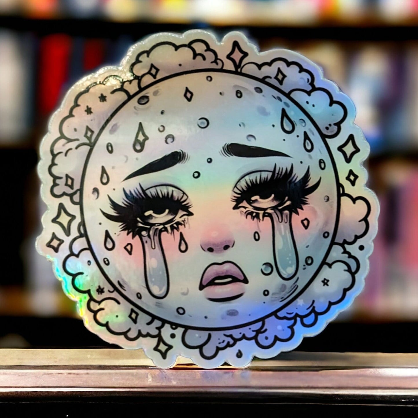 Holographic Crying Moon Sticker - Modern Girly Celestial Design - cute space Sticker for Water Bottle, tumbler Decal - Gift Calcomania