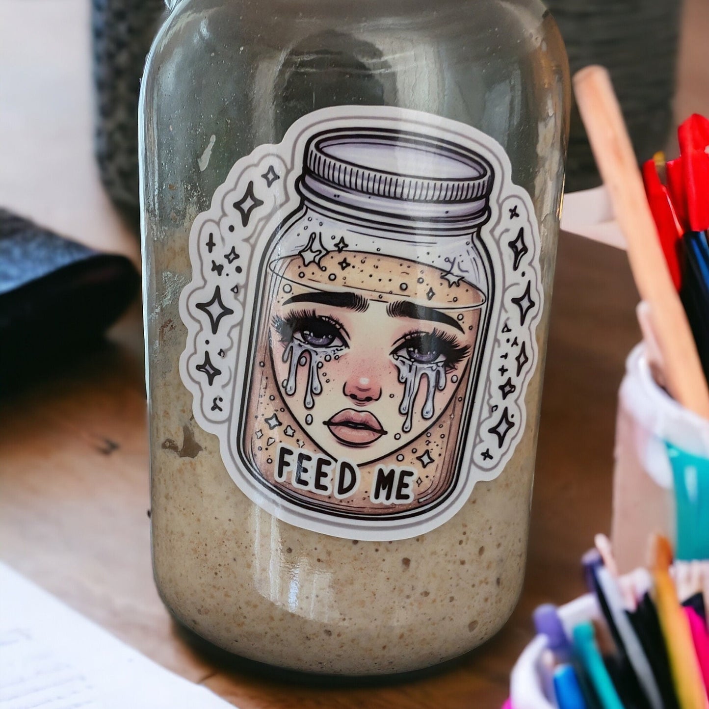 Cute girly Sourdough Sticker crying and im hungry - Premium Vinyl, Waterproof, Modern Girly Sticker for Sourdough Mason Jar