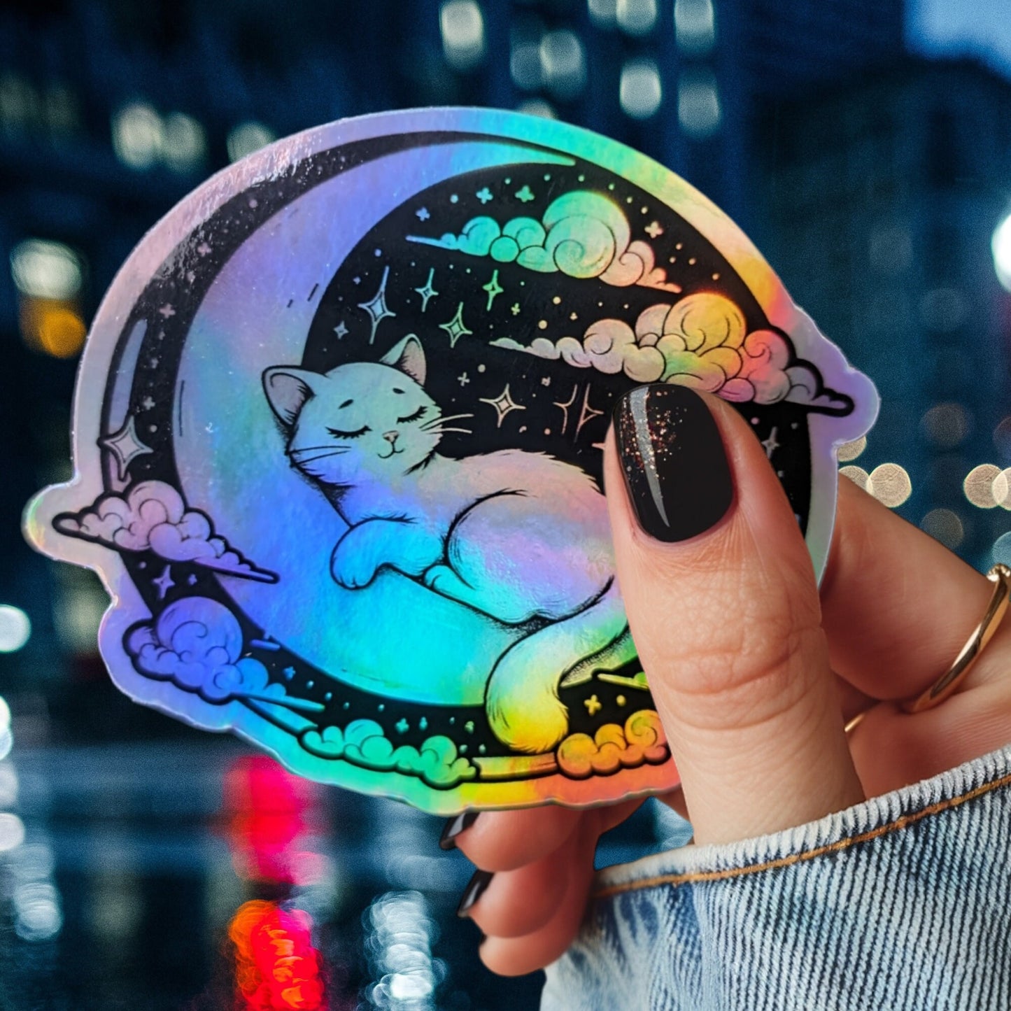 Cat Moon Holographic Glitter Waterproof Sleepy Cat Sticker - Cute Cat Design - Book Sticker - Celestial Halloween sticker for tumbler