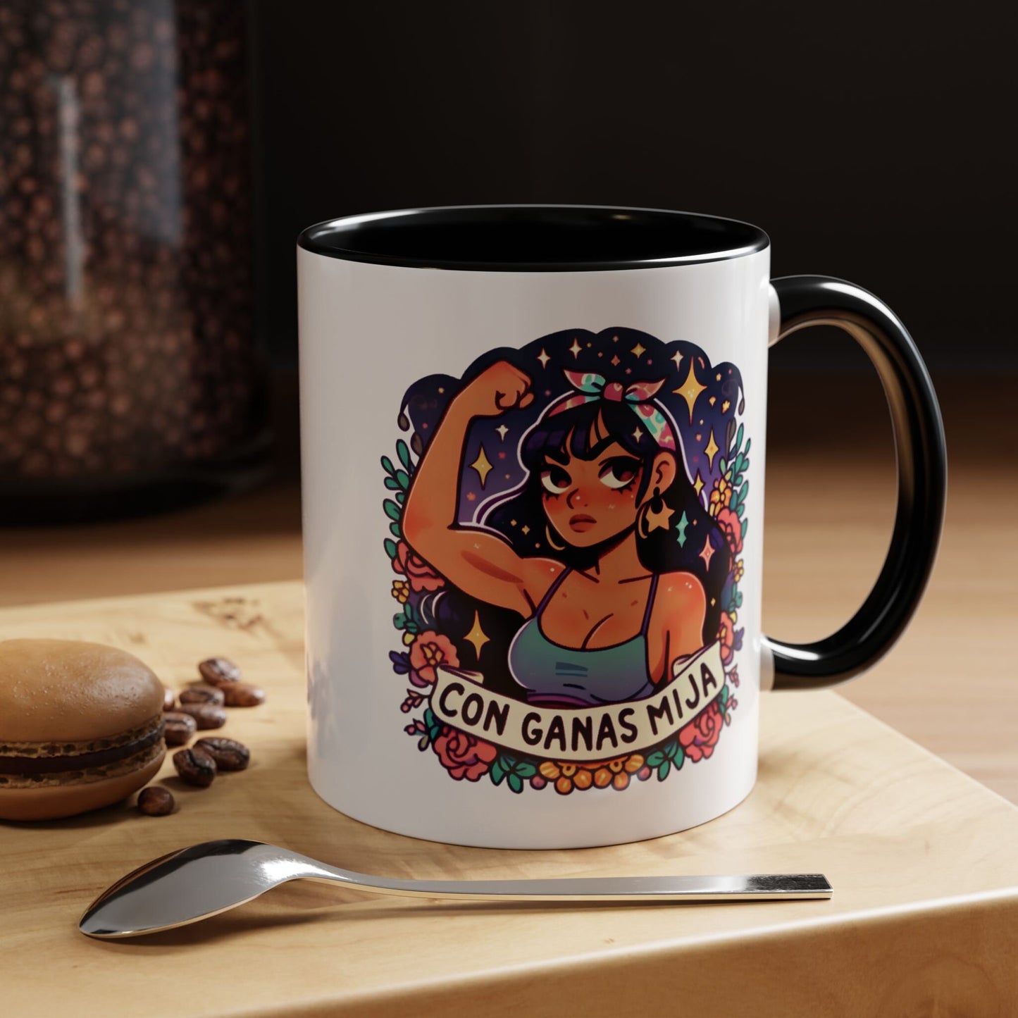 Cute Latina - Con Ganas Mija Empowerment - 11oz Ceramic Coffee - Funny Hispanic Saying Mug Spanish Gift for Mom and Sister - Taza para Cafe