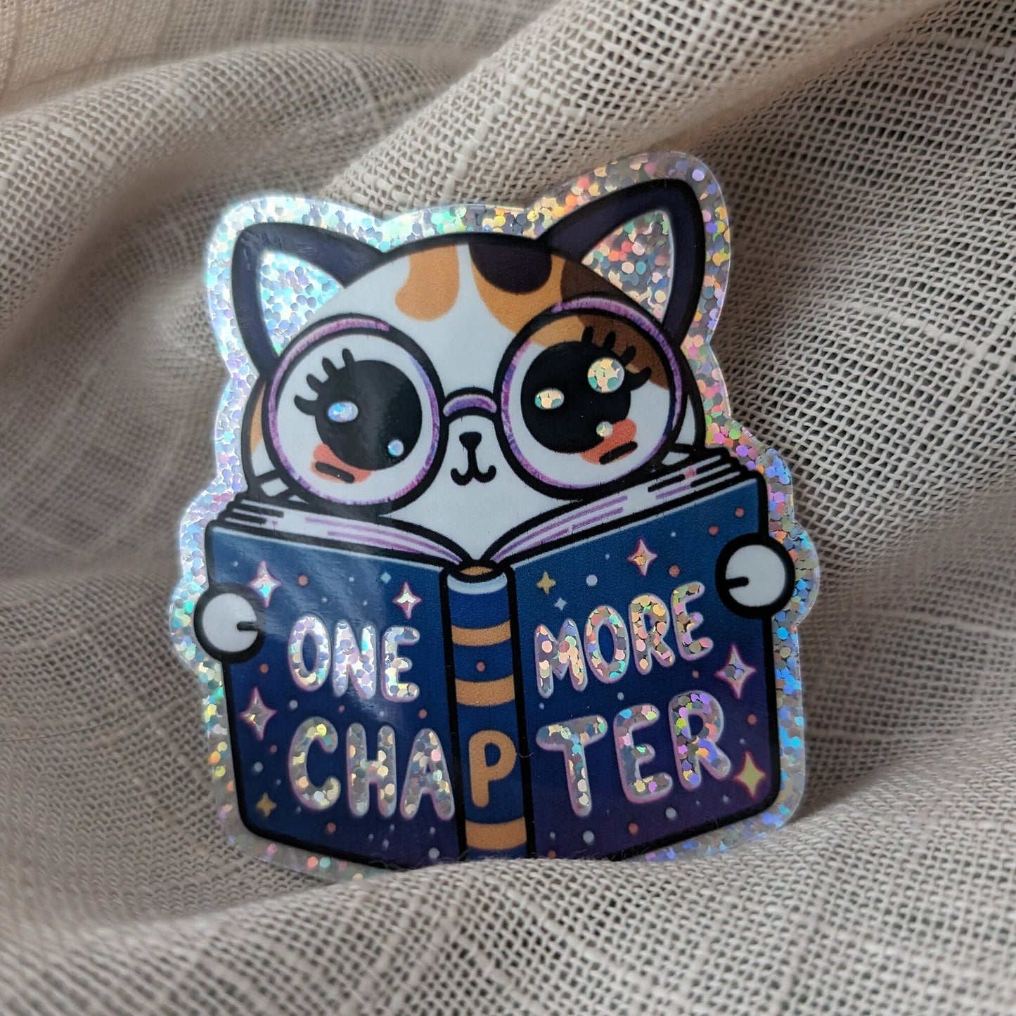 One More Chapter Holographic Glitter Waterproof Cat Sticker - Cute Cat Design - Book Sticker Premium Vinyl Decal - Gift - Calcomania