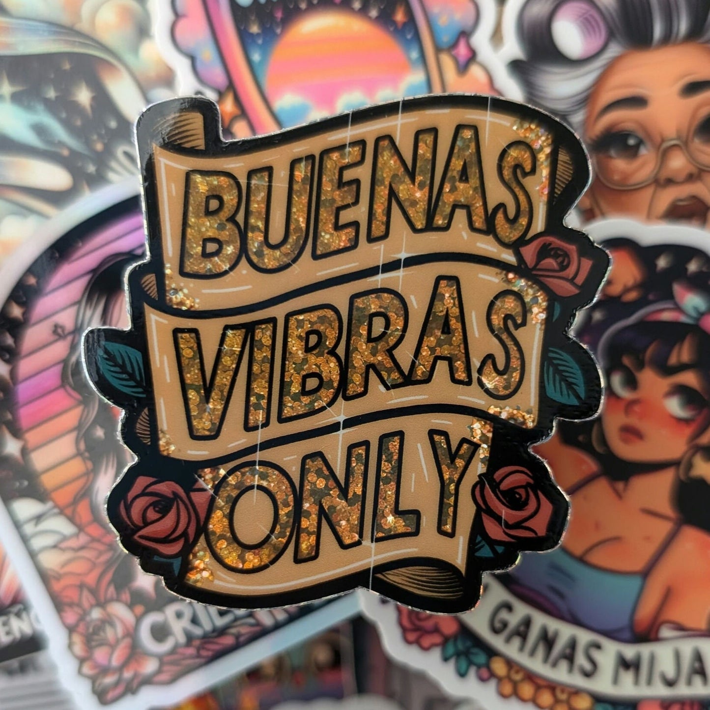 Buenas Vibras Only Glitter Sticker - Cute Latina Sticker - Funny Spanish Waterproof Sticker bookmark - Good Vibes Only Gift