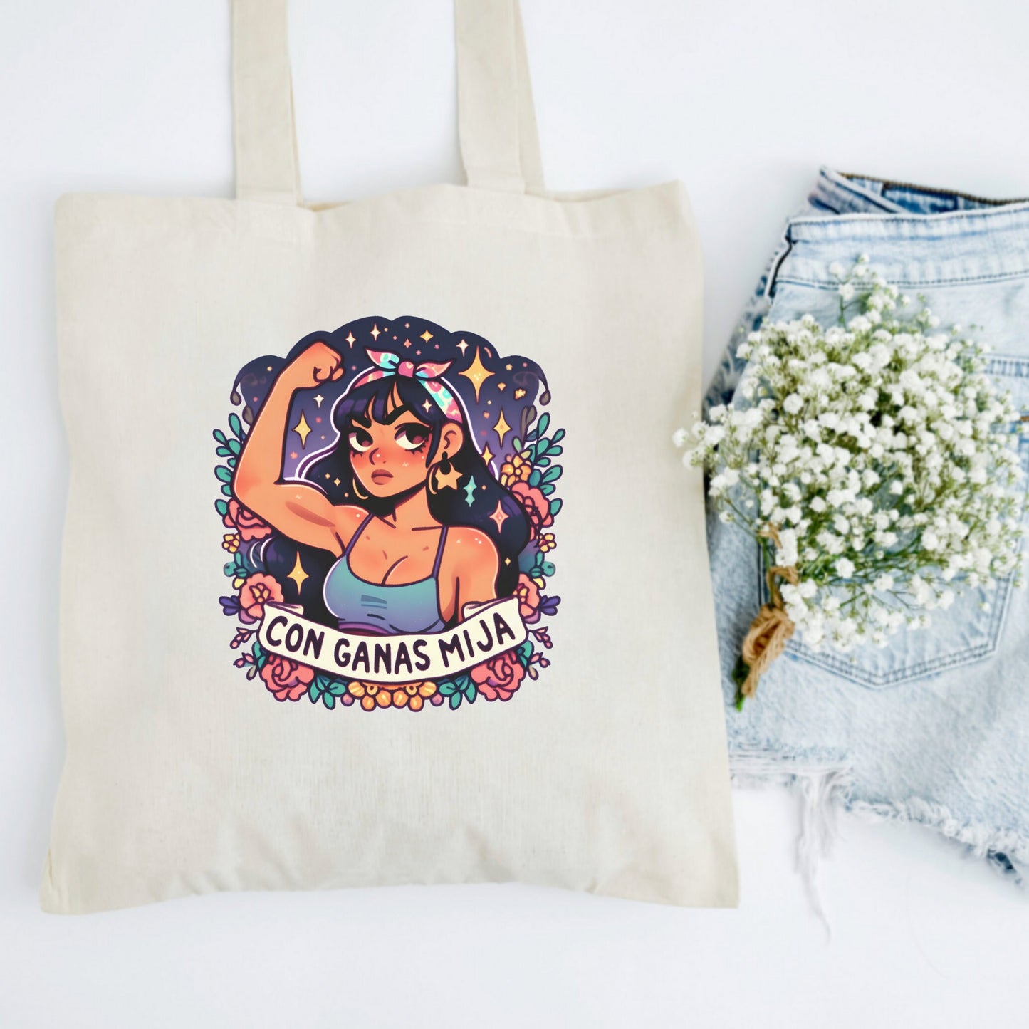 Con Ganas Mija Tote Bag - Cute Spanish Empowerment Design - Latina Owned - Cute Latinx tote bag for books - Perfect Holiday Gift