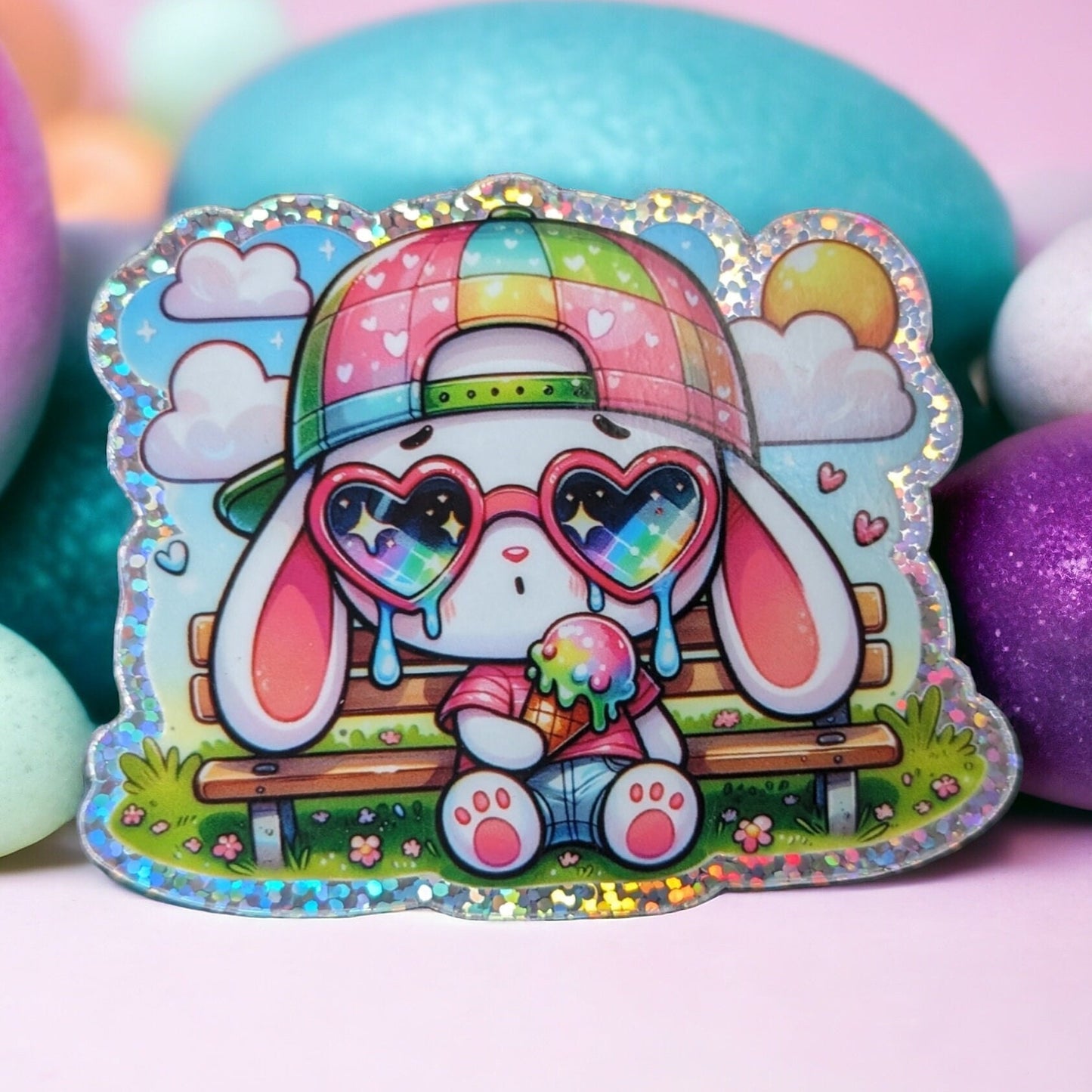 Cute Bunny Sticker - Summer Ice cream Holographic Premium Vinyl, Waterproof, cute Girly Easter - Laptop, water bottle sticker