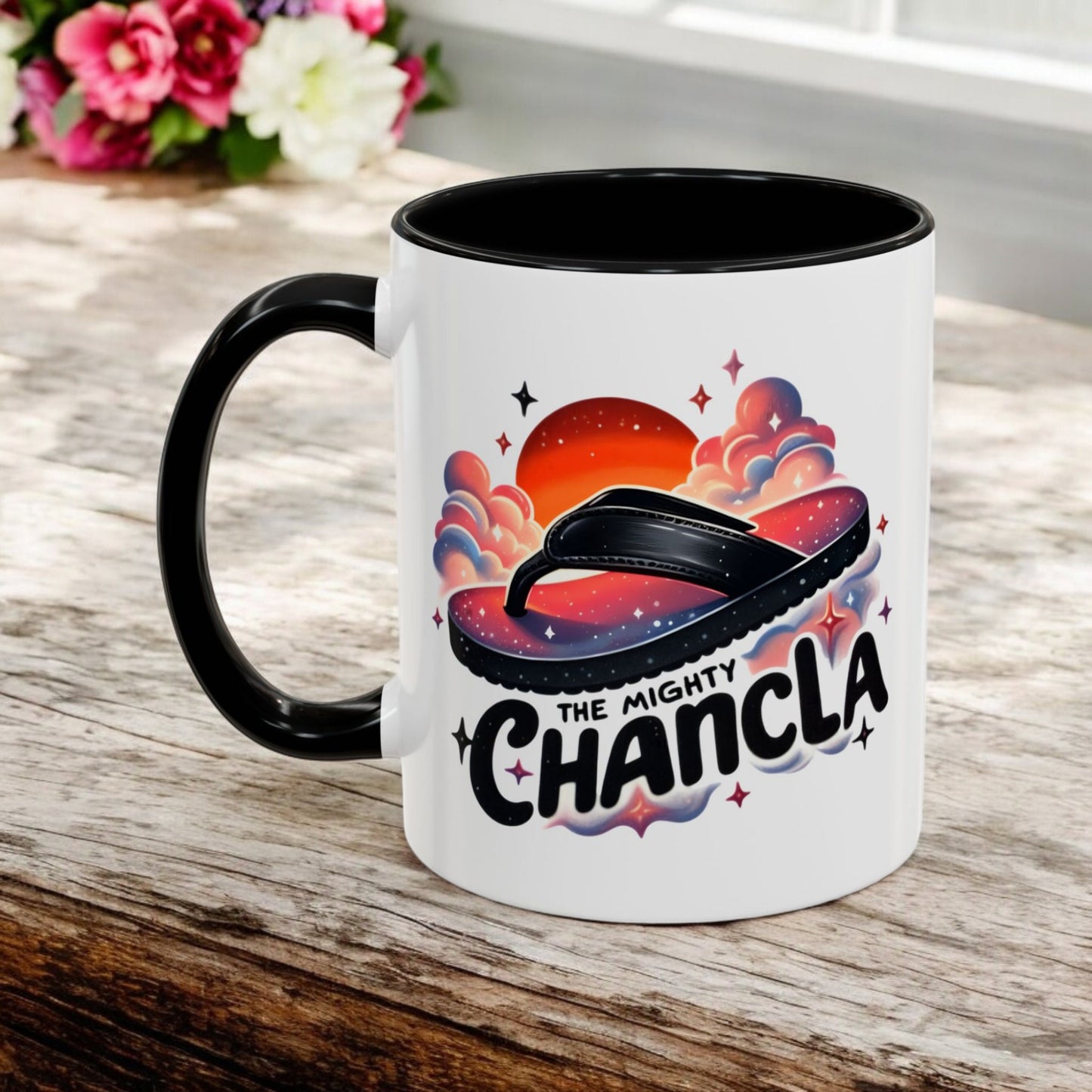 Funny Spanish Chancla Mug - The Mighty Chancla - Sarcastic Gift for Latino - 11 oz Mug with Black Handle and Interior Gift for Latinx Mom