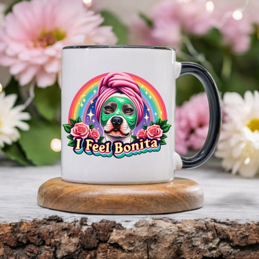 Cute Pit Bull- I Feel Bonita - 11oz Ceramic Coffee - Funny Hispanic Saying Mug Spanish Gift for Mom and Sister - Taza para Cafecito y Chisme