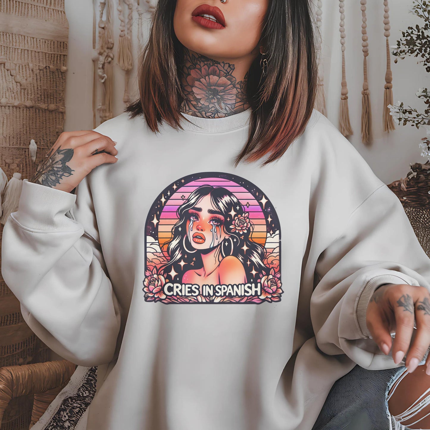 Cute Latina Sweatshirt - Cries In Spanish Latina Funny Sweatshirt - Unisex Crewneck - Sarcastic Hispanic Gift - Mexican Gift for Latina Wife