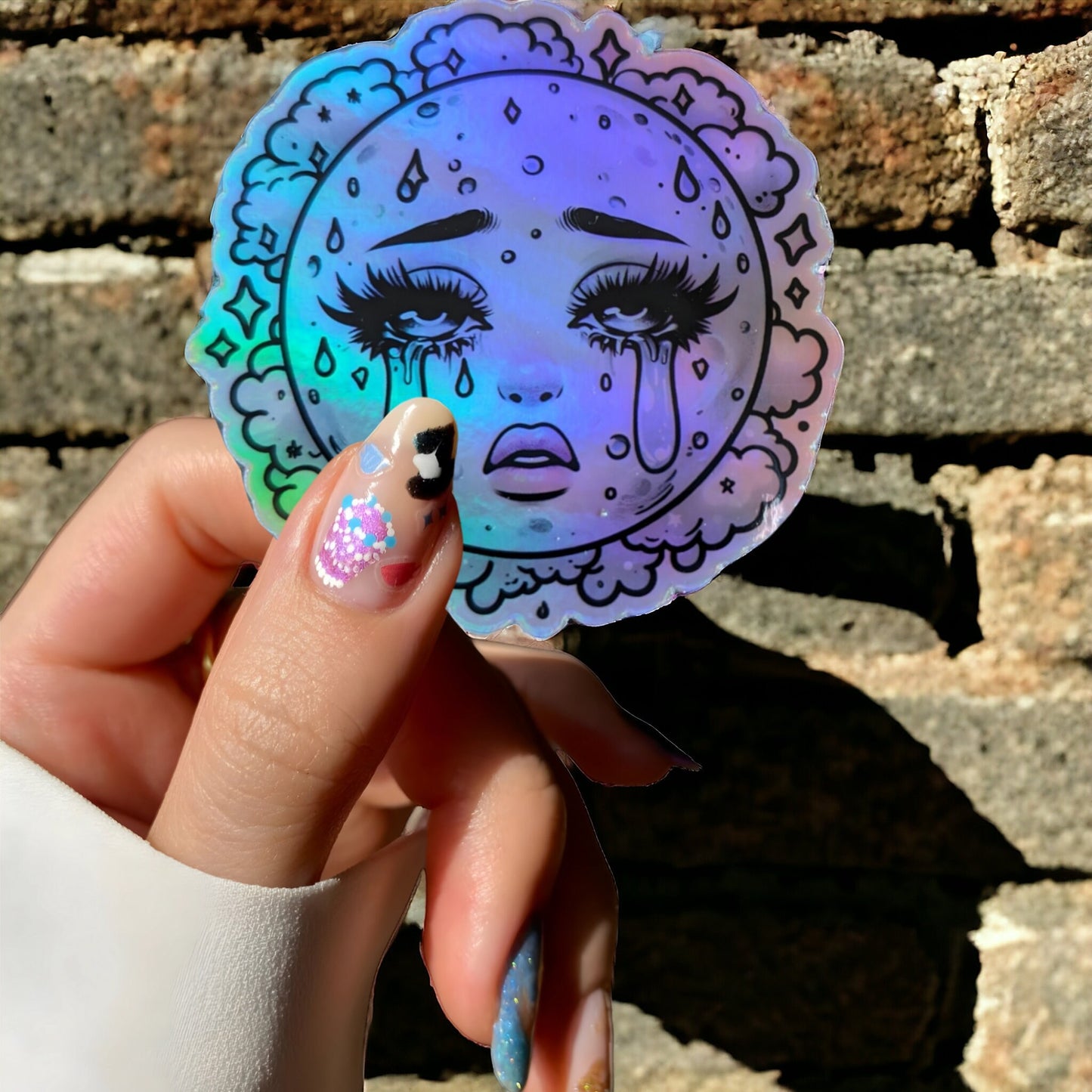 Holographic Crying Moon Sticker - Modern Girly Celestial Design - cute space Sticker for Water Bottle, tumbler Decal - Gift Calcomania