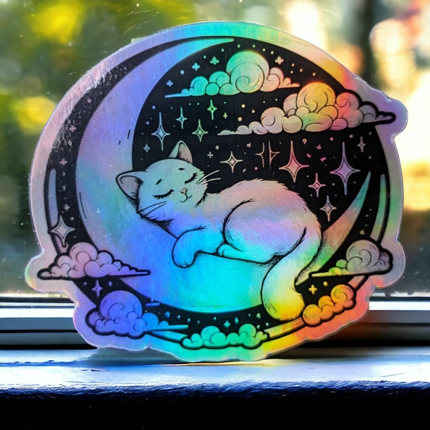 Cat Moon Holographic Glitter Waterproof Sleepy Cat Sticker - Cute Cat Design - Book Sticker - Celestial Halloween sticker for tumbler