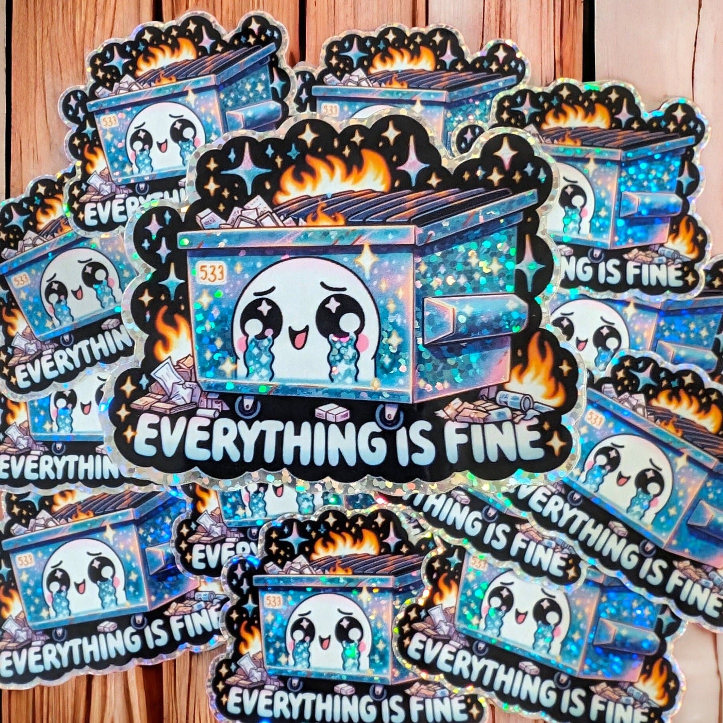 Holographic Dumpster Fire Sticker - Everything Is Fine - Funny Laptop Decal Adorable Glitter & Waterproof Sticker for Laptop MacBook Tumbler