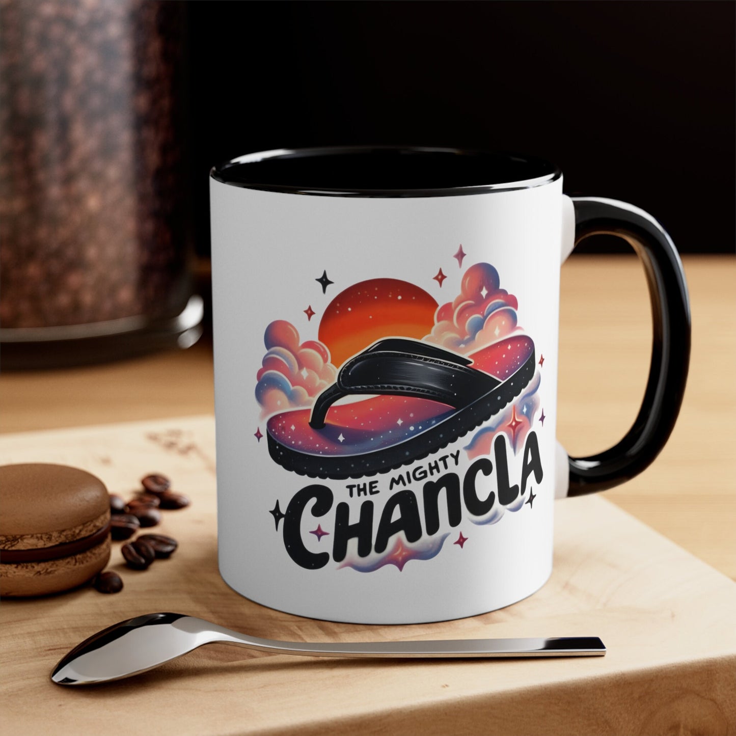 Funny Spanish Chancla Mug - The Mighty Chancla - Sarcastic Gift for Latino - 11 oz Mug with Black Handle and Interior Gift for Latinx Mom