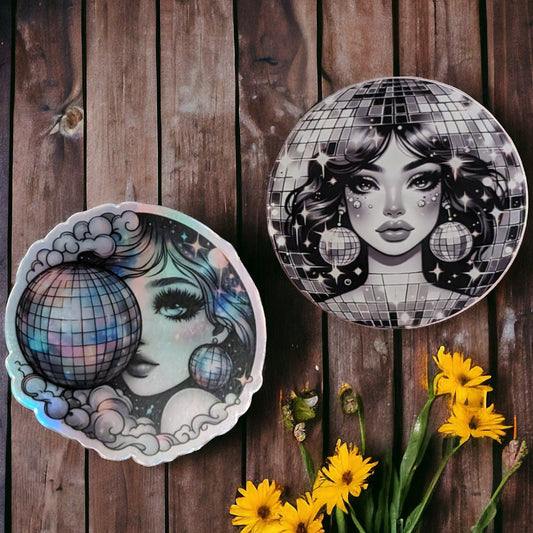 Disco Ball Girl Holographic Sticker - Waterproof Retro Mirror ball Sticker Design - Premium Vinyl Sticker for Tumbler - Calcomania Regalo