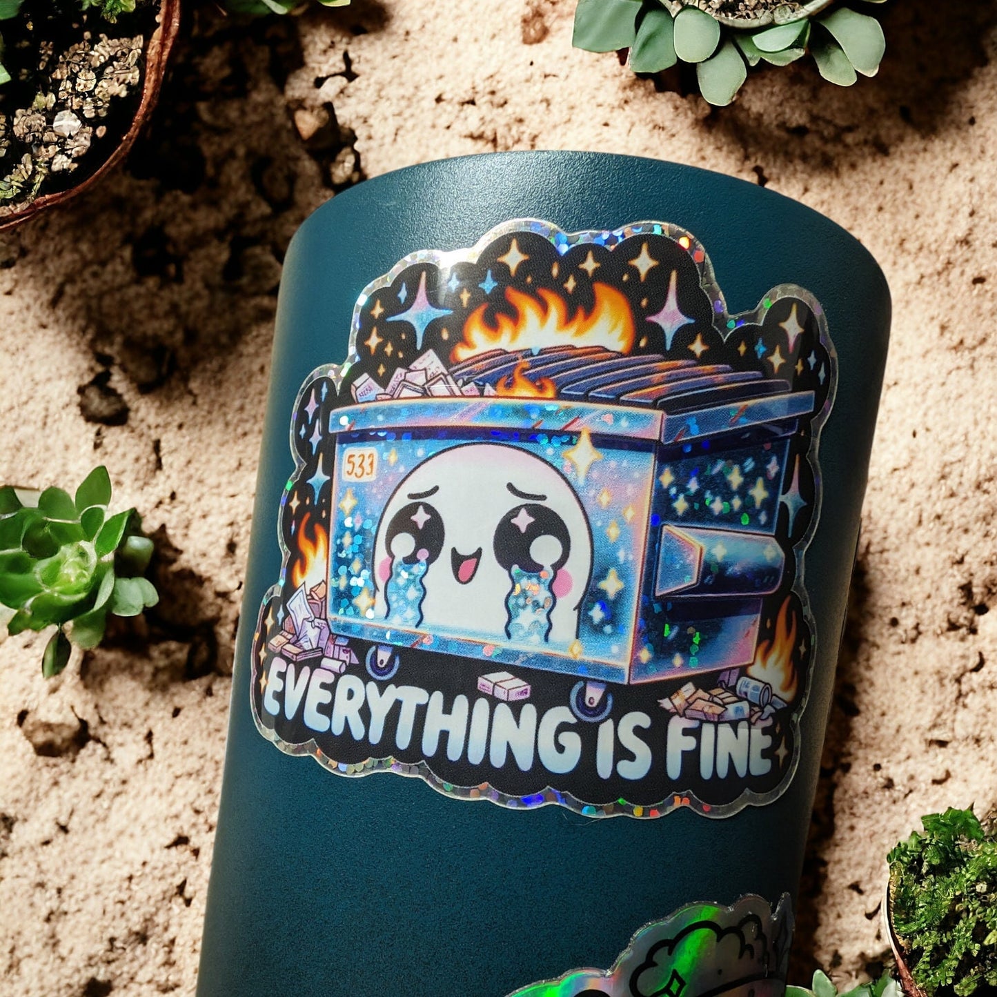 Holographic Dumpster Fire Sticker - Everything Is Fine - Funny Laptop Decal Adorable Glitter & Waterproof Sticker for Laptop MacBook Tumbler