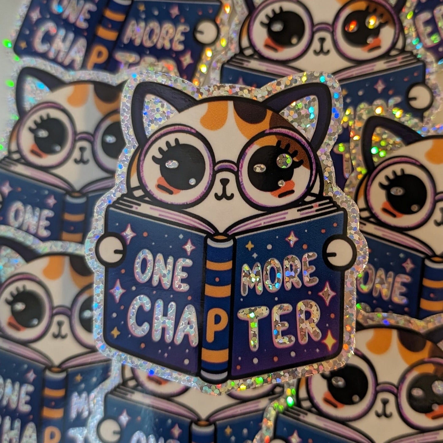 One More Chapter Holographic Glitter Waterproof Cat Sticker - Cute Cat Design - Book Sticker Premium Vinyl Decal - Gift - Calcomania