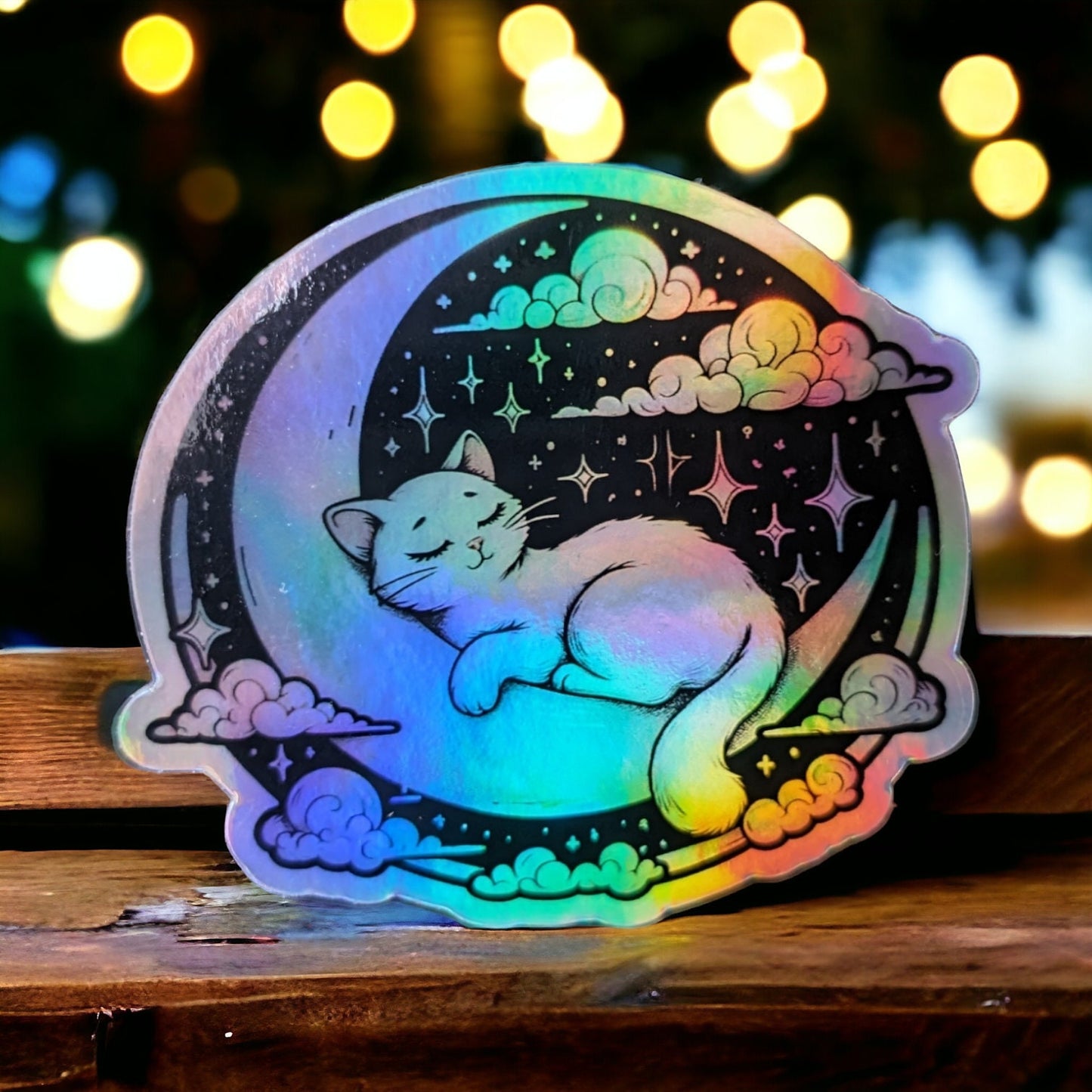 Cat Moon Holographic Glitter Waterproof Sleepy Cat Sticker - Cute Cat Design - Book Sticker - Celestial Halloween sticker for tumbler