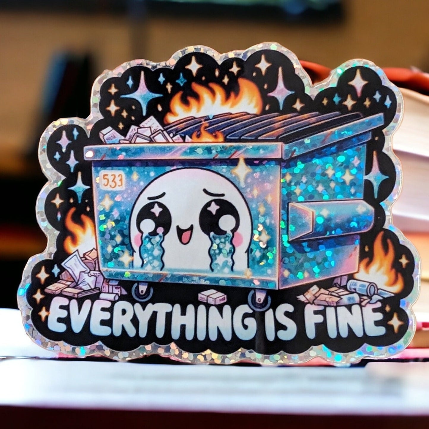 Holographic Dumpster Fire Sticker - Everything Is Fine - Funny Laptop Decal Adorable Glitter & Waterproof Sticker for Laptop MacBook Tumbler