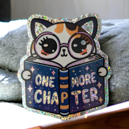 One More Chapter Holographic Glitter Waterproof Cat Sticker - Cute Cat Design - Book Sticker Premium Vinyl Decal - Gift - Calcomania