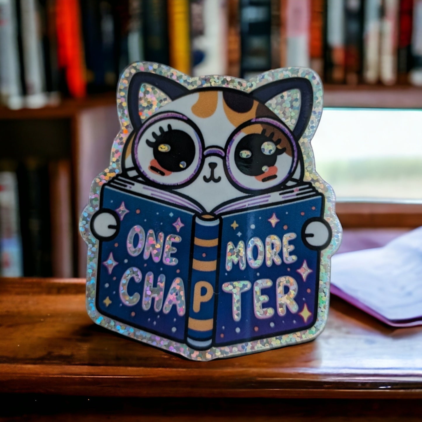 One More Chapter Holographic Glitter Waterproof Cat Sticker - Cute Cat Design - Book Sticker Premium Vinyl Decal - Gift - Calcomania